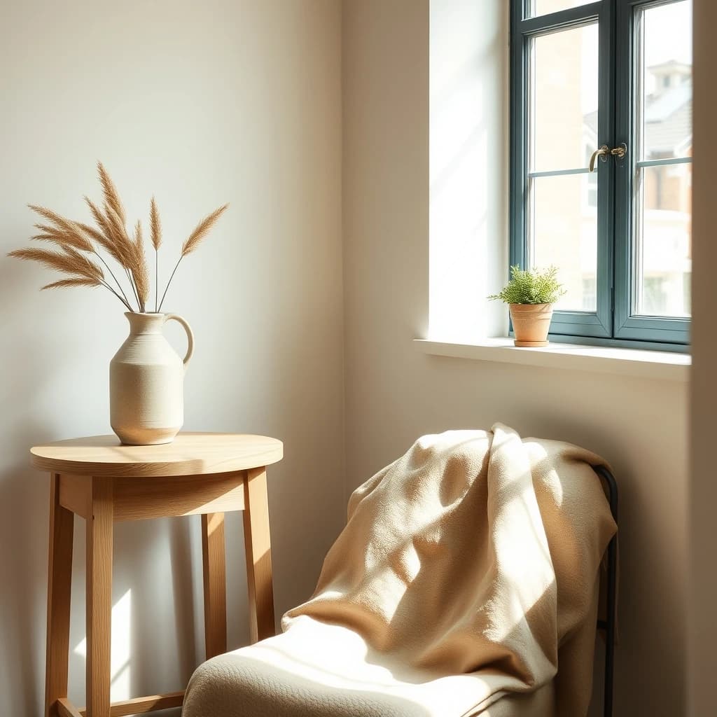 A corner of a home in sand and green tones, with a few of the things sold here